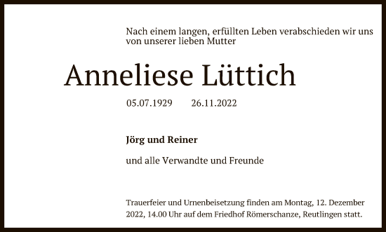 Anzeige von Anneliese Lüttich von Reutlinger General-Anzeiger