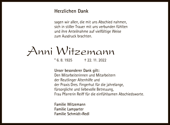 Anzeige von Anni Witzemann von Reutlinger General-Anzeiger