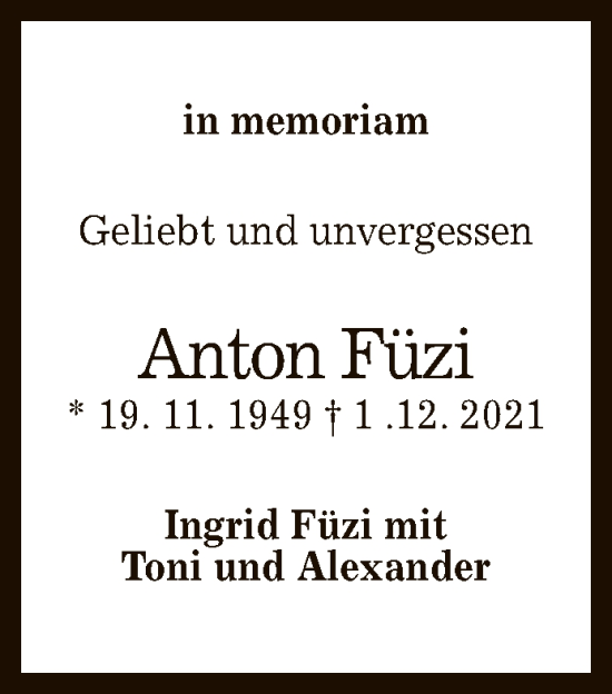Anzeige von Anton Füzi von Reutlinger General-Anzeiger