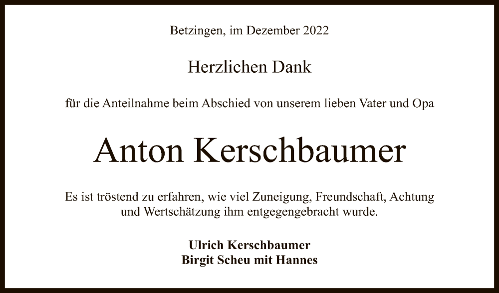  Traueranzeige für Anton Kerschbaumer vom 12.12.2022 aus Reutlinger General-Anzeiger