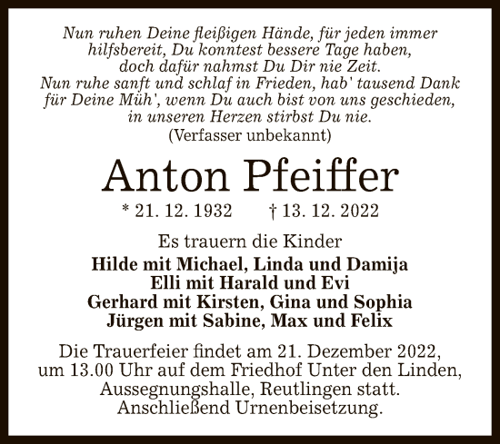 Anzeige von Anton Pfeiffer von Reutlinger General-Anzeiger