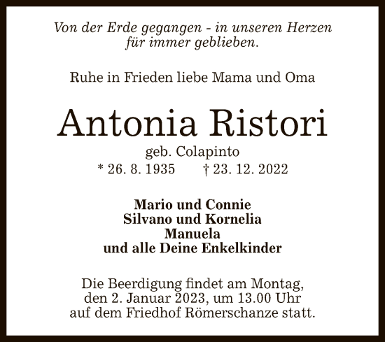 Anzeige von Antonia Ristori von Reutlinger General-Anzeiger