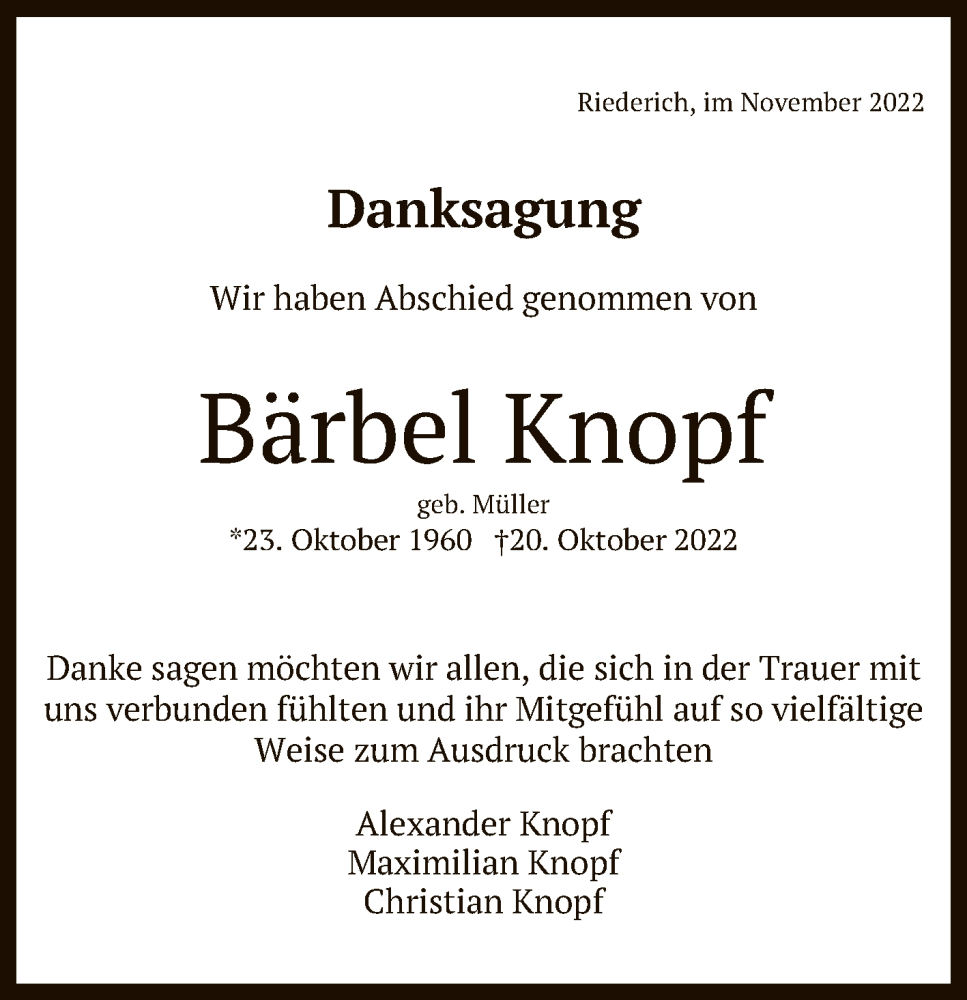  Traueranzeige für Bärbel Knopf vom 01.12.2022 aus Reutlinger General-Anzeiger
