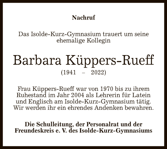 Anzeige von Barbara Küppers-Rueff von Reutlinger General-Anzeiger