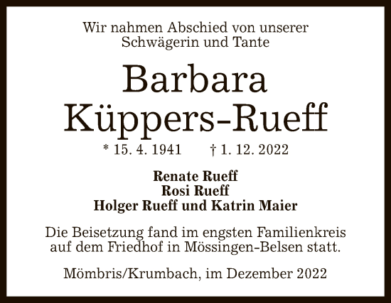 Anzeige von Barbara Küppers-Rueff von Reutlinger General-Anzeiger