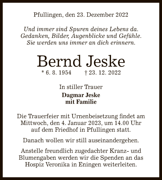 Anzeige von Bernd Jeske von Reutlinger General-Anzeiger