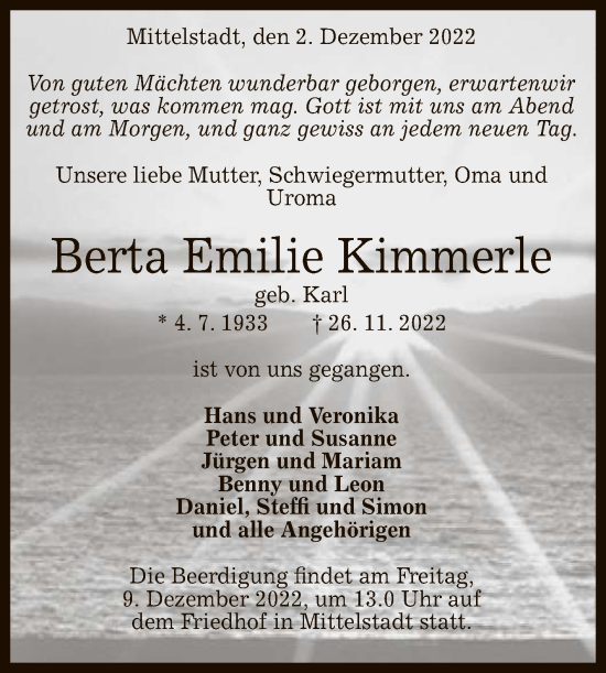 Anzeige von Berta Emilie Kimmerle von Reutlinger General-Anzeiger