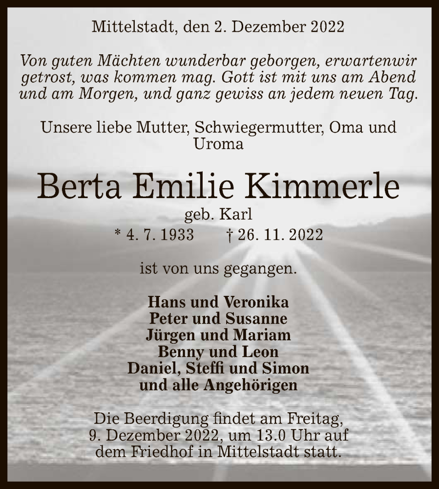  Traueranzeige für Berta Emilie Kimmerle vom 03.12.2022 aus Reutlinger General-Anzeiger