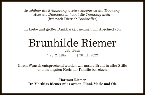 Anzeige von Brunhilde Riemer von Reutlinger General-Anzeiger