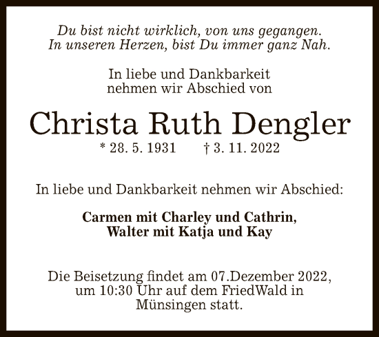Anzeige von Christa Ruth Dengler von Reutlinger General-Anzeiger