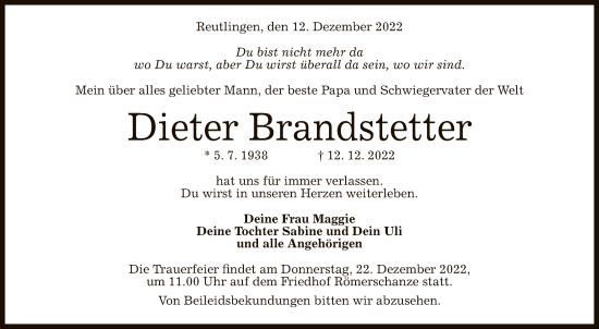 Anzeige von Dieter Brandstetter von Reutlinger General-Anzeiger