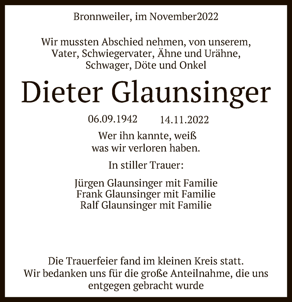  Traueranzeige für Dieter Glaunsinger vom 01.12.2022 aus Reutlinger General-Anzeiger