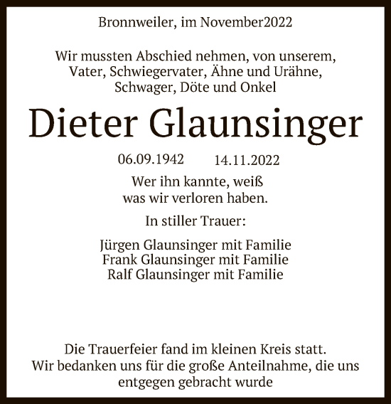 Anzeige von Dieter Glaunsinger von Reutlinger General-Anzeiger