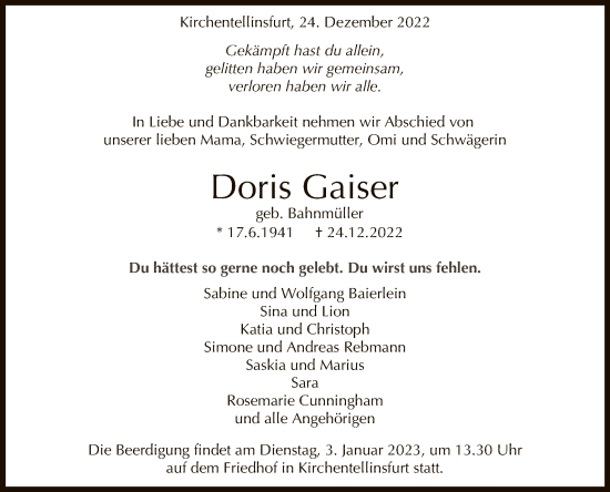 Anzeige von Doris Gaiser von Reutlinger General-Anzeiger