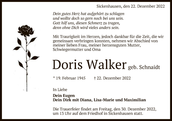 Anzeige von Doris Walker von Reutlinger General-Anzeiger