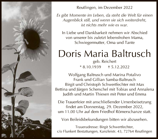 Anzeige von Doris Maria Baltrusch von Reutlinger General-Anzeiger