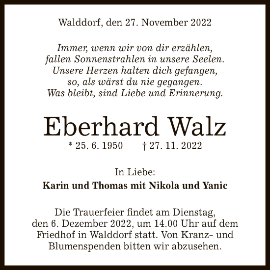 Anzeige von Eberhard Walz von Reutlinger General-Anzeiger