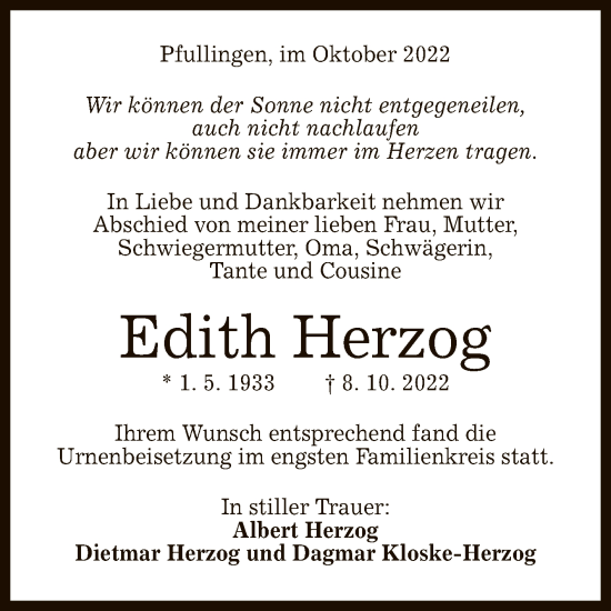 Anzeige von Edith Herzog von Reutlinger General-Anzeiger