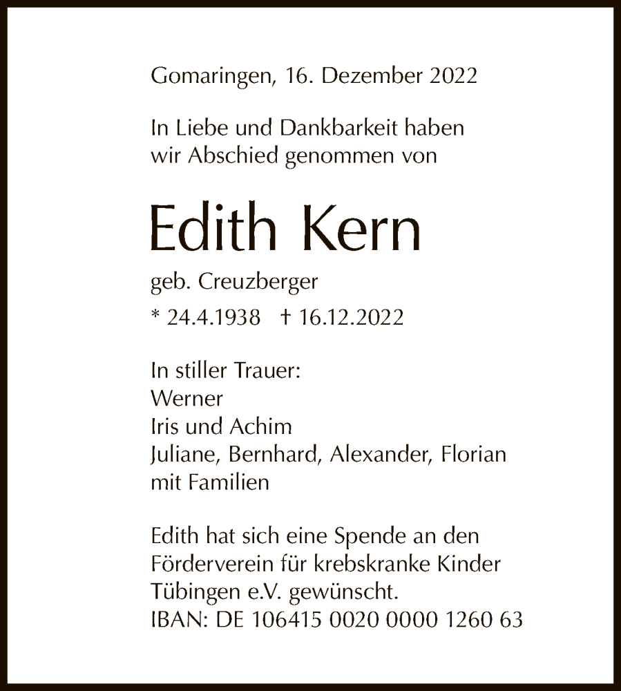  Traueranzeige für Edith Kern vom 29.12.2022 aus Reutlinger General-Anzeiger