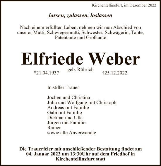 Anzeige von Elfriede Weber von Reutlinger General-Anzeiger