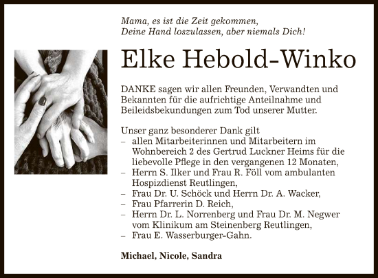 Anzeige von Elke Hebold-Winko von Reutlinger General-Anzeiger