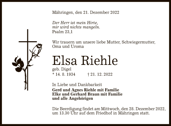 Anzeige von Elsa Riehle von Reutlinger General-Anzeiger