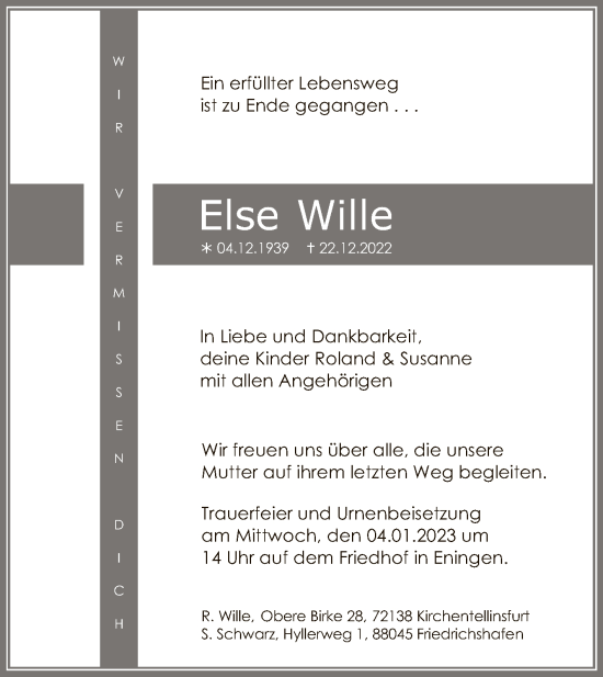 Anzeige von Else Wille von Reutlinger General-Anzeiger