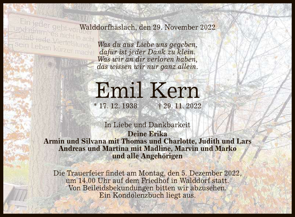  Traueranzeige für Emil Kern vom 02.12.2022 aus Reutlinger General-Anzeiger