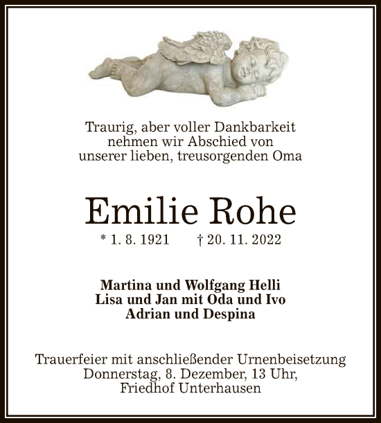Anzeige von Emilie Rohe von Reutlinger General-Anzeiger