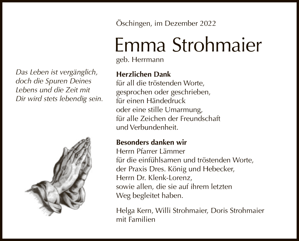  Traueranzeige für Emma Strohmaier vom 09.12.2022 aus Reutlinger General-Anzeiger