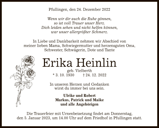 Anzeige von Erika Heinlin von Reutlinger General-Anzeiger