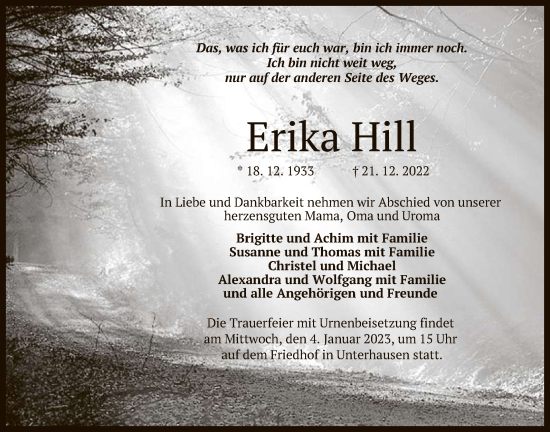 Anzeige von Erika Hill von Reutlinger General-Anzeiger