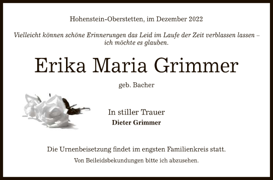 Anzeige von Erika Maria Grimmer von Reutlinger General-Anzeiger