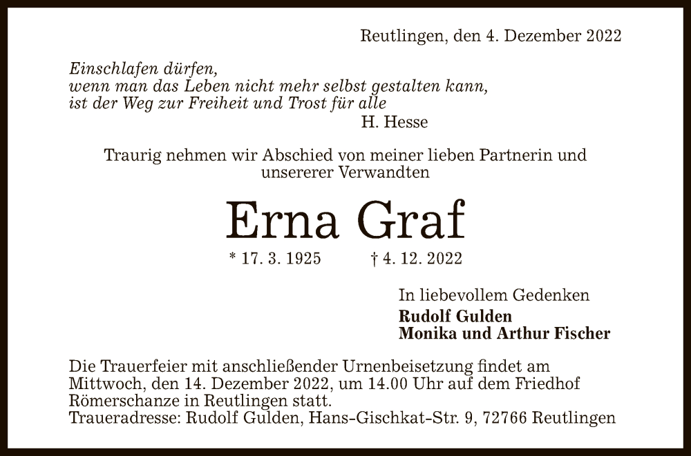  Traueranzeige für Erna Graf vom 08.12.2022 aus Reutlinger General-Anzeiger