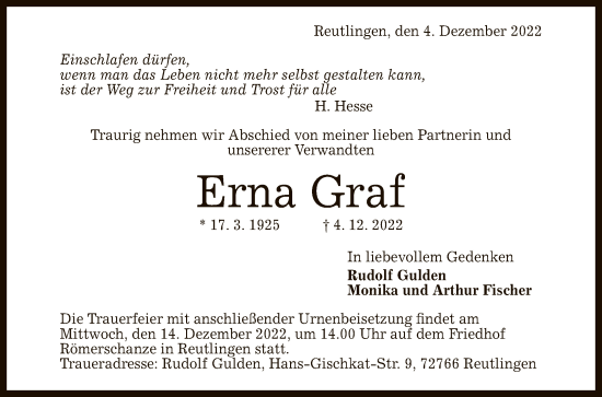 Anzeige von Erna Graf von Reutlinger General-Anzeiger