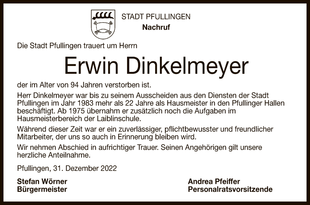 Traueranzeige für Erwin Dinkelmeyer vom 31.12.2022 aus Reutlinger General-Anzeiger