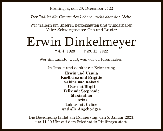 Anzeige von Erwin Dinkelmeyer von Reutlinger General-Anzeiger