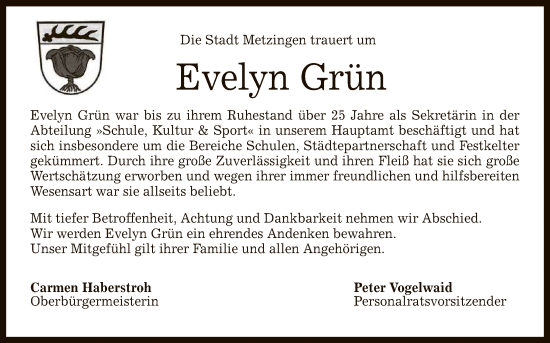 Anzeige von Evelyn Grün von Reutlinger General-Anzeiger