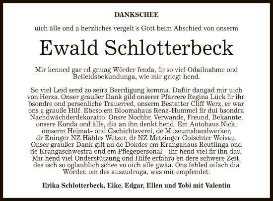 Anzeige von Ewald Schlotterbeck von Reutlinger General-Anzeiger