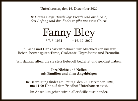 Anzeige von Fanny Bley von Reutlinger General-Anzeiger