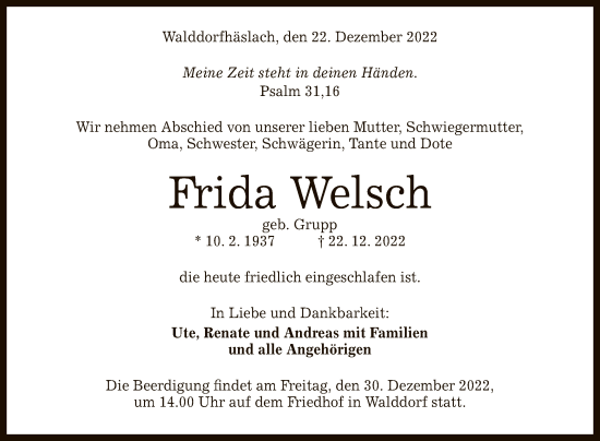 Anzeige von Frida Welsch von Reutlinger General-Anzeiger