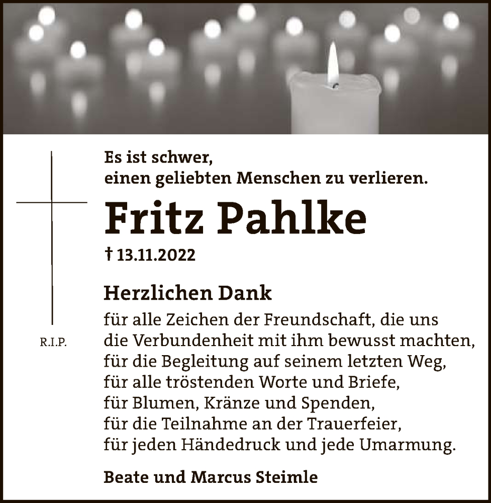  Traueranzeige für Fritz Pahlke vom 17.12.2022 aus Reutlinger General-Anzeiger