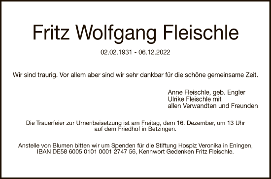 Anzeige von Fritz Wolfgang Fleischle von Reutlinger General-Anzeiger