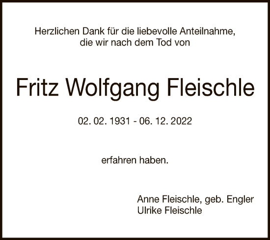 Anzeige von Fritz Wolfgang Fleischle von Reutlinger General-Anzeiger