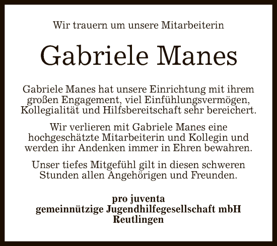 Anzeige von Gabriele Manes von Reutlinger General-Anzeiger