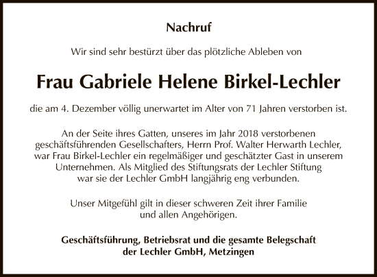 Anzeige von Gabriele Helene Birkel-Lechler von Reutlinger General-Anzeiger