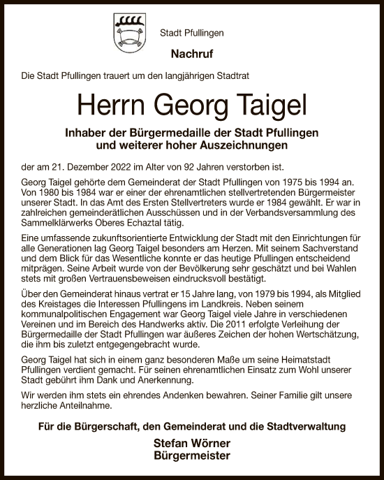 Anzeige von Georg Taigel von Reutlinger General-Anzeiger