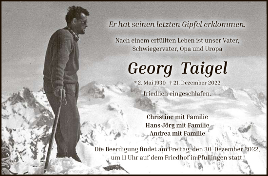 Anzeige von Georg Taigel von Reutlinger General-Anzeiger