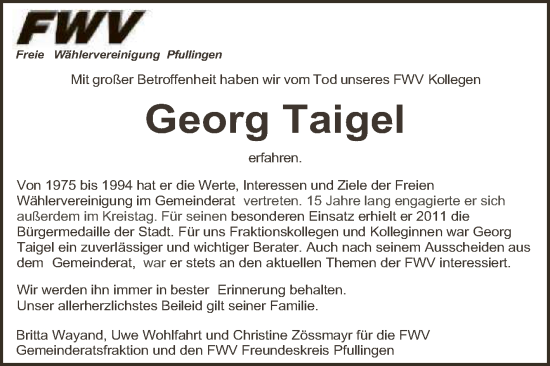 Anzeige von Georg Taigel von Reutlinger General-Anzeiger