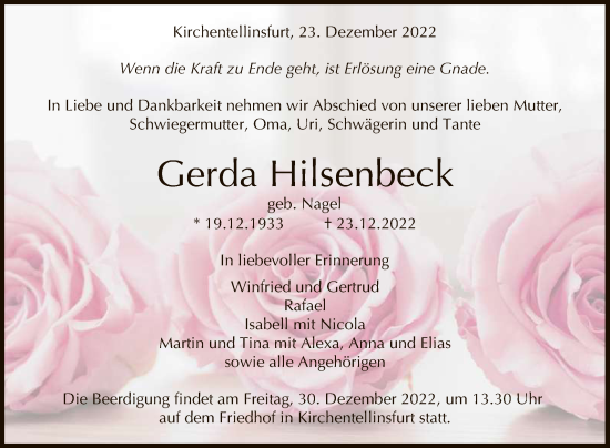 Anzeige von Gerda Hilsenbeck von Reutlinger General-Anzeiger